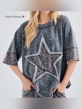 J.HER RELAXED LACE TRIM 'WILD STAR LEOPARD PATCH TEE' IN ASH BLACK